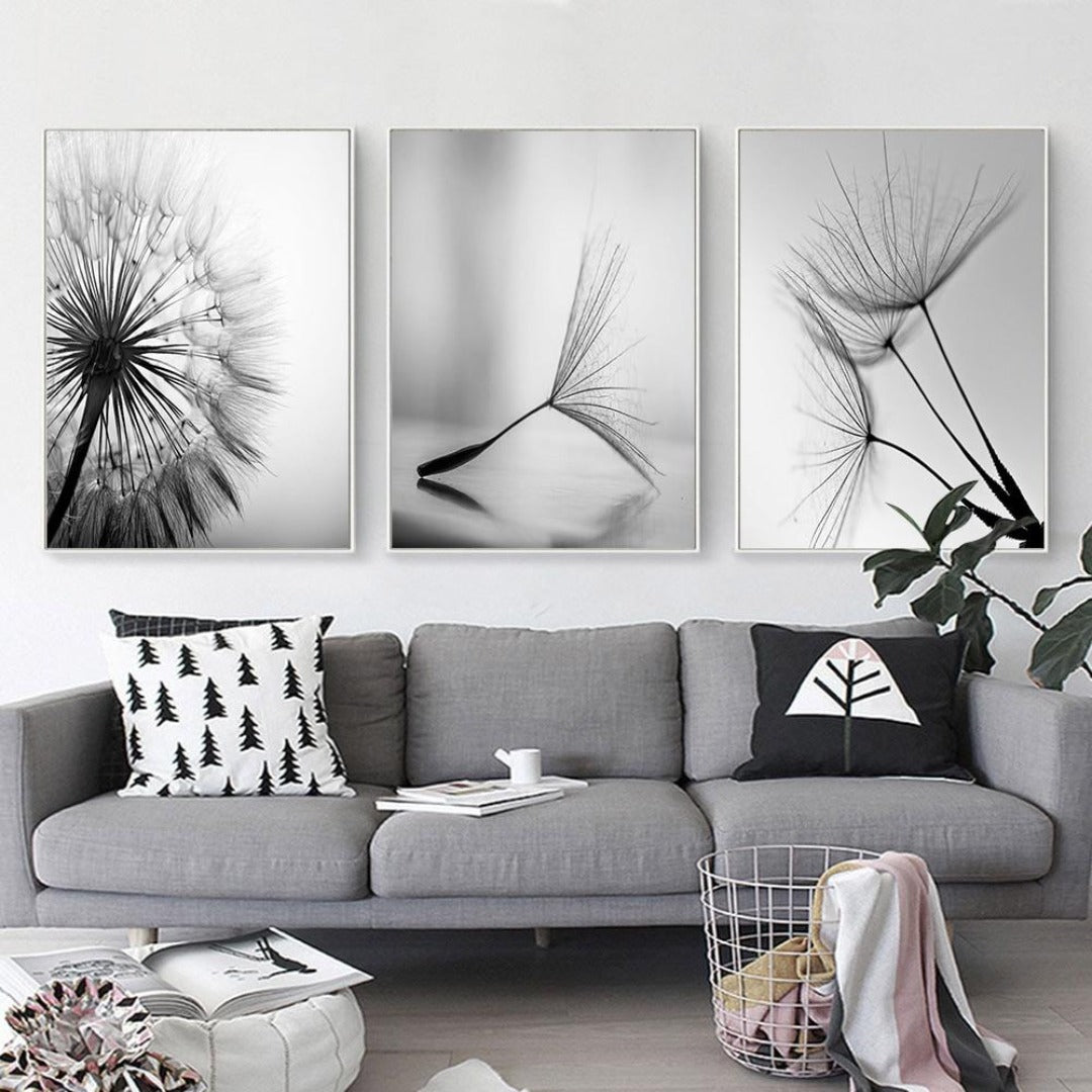 Black White Dandelion Flower Canvas Art - Vermilton