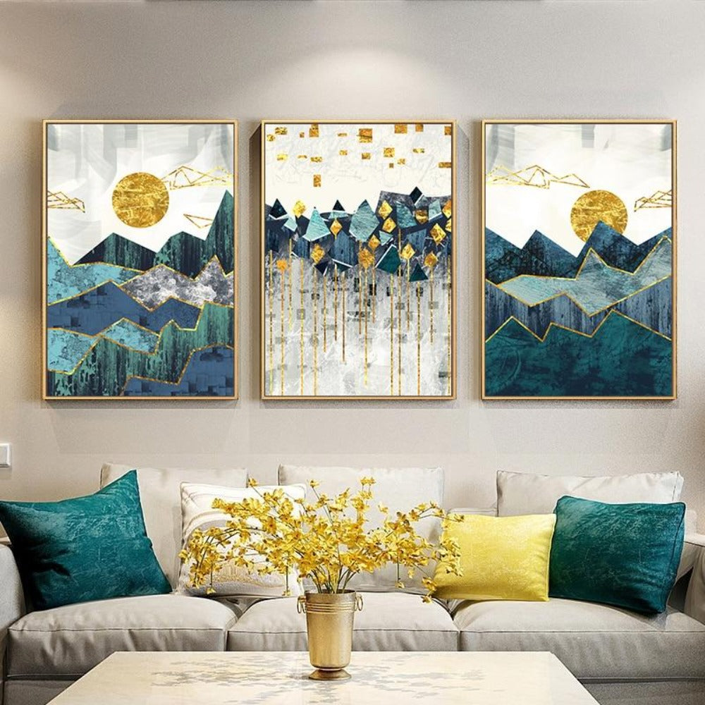 Nordic Gold Line Accent Mountain Landscape Canvas Art - Vermilton