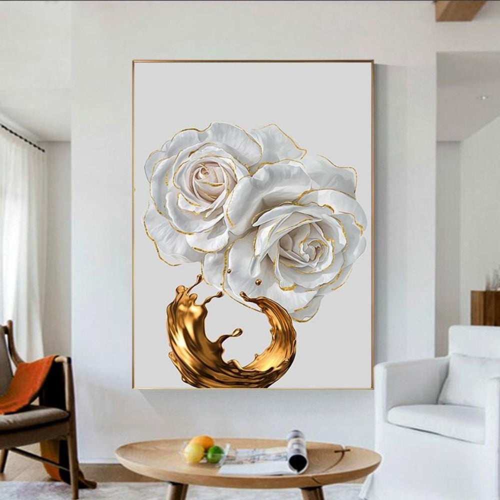 Gold Ink Splashed White Rose Abstract Painting