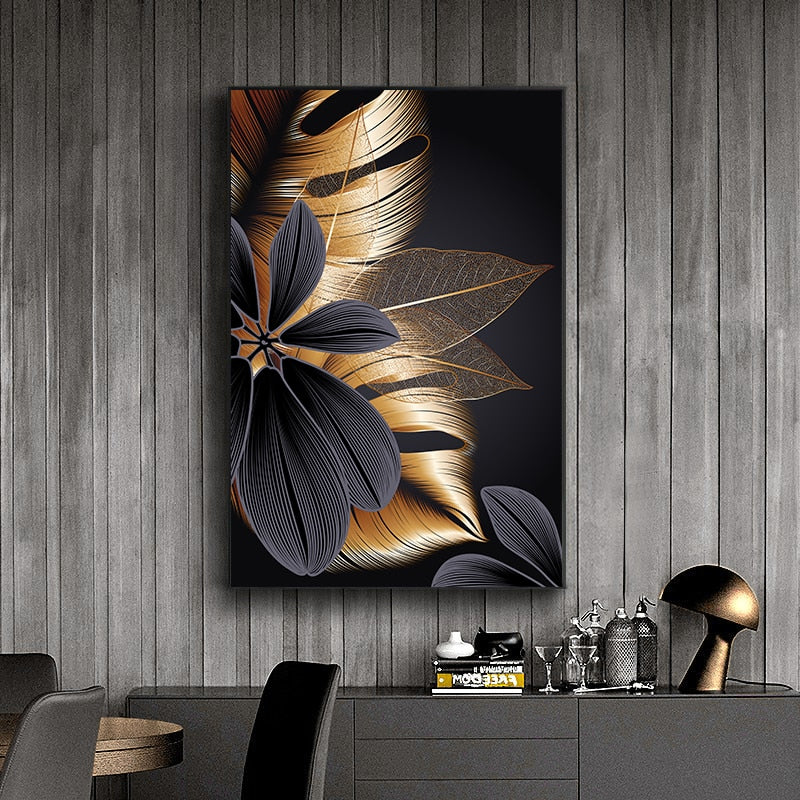 Black Golden Plant Leaf Canvas - Vermilton