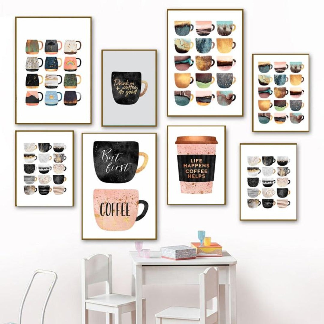 But First Coffee Colorful Cups Canvas Painting